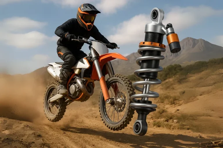 Off-road motorcycle showcasing suspension system with motorcycle heim joints