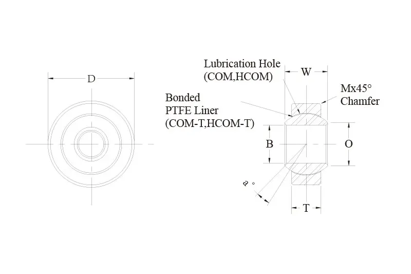 COM-T and HCOM-T spherical bearing technical drawing