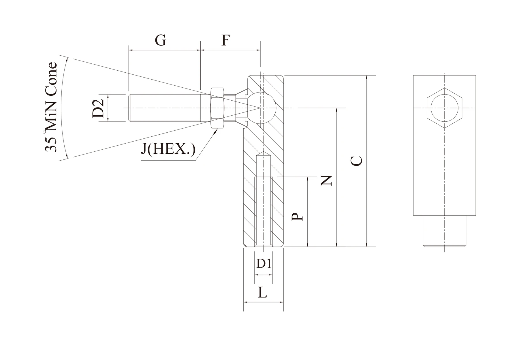 ES grommet style ball joint technical drawing