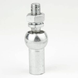 Metal ball joint stud with hex nut and threaded top against a white background