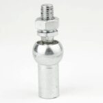 Shiny silver furniture connector bolt with a threaded stud and rounded base on a white background